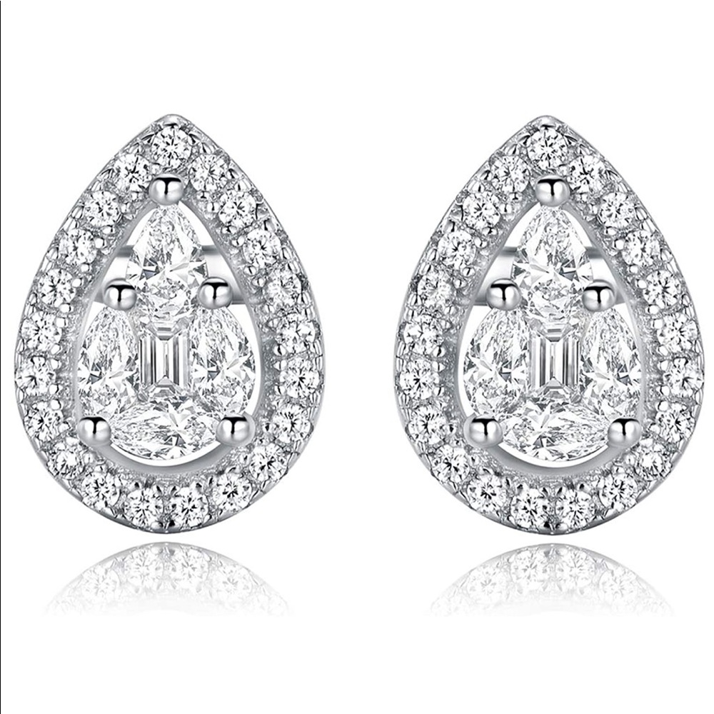 NWOT - Sterling Silver Teardrop Stud Earrings – Cubic Zirconia Halo Sparkle